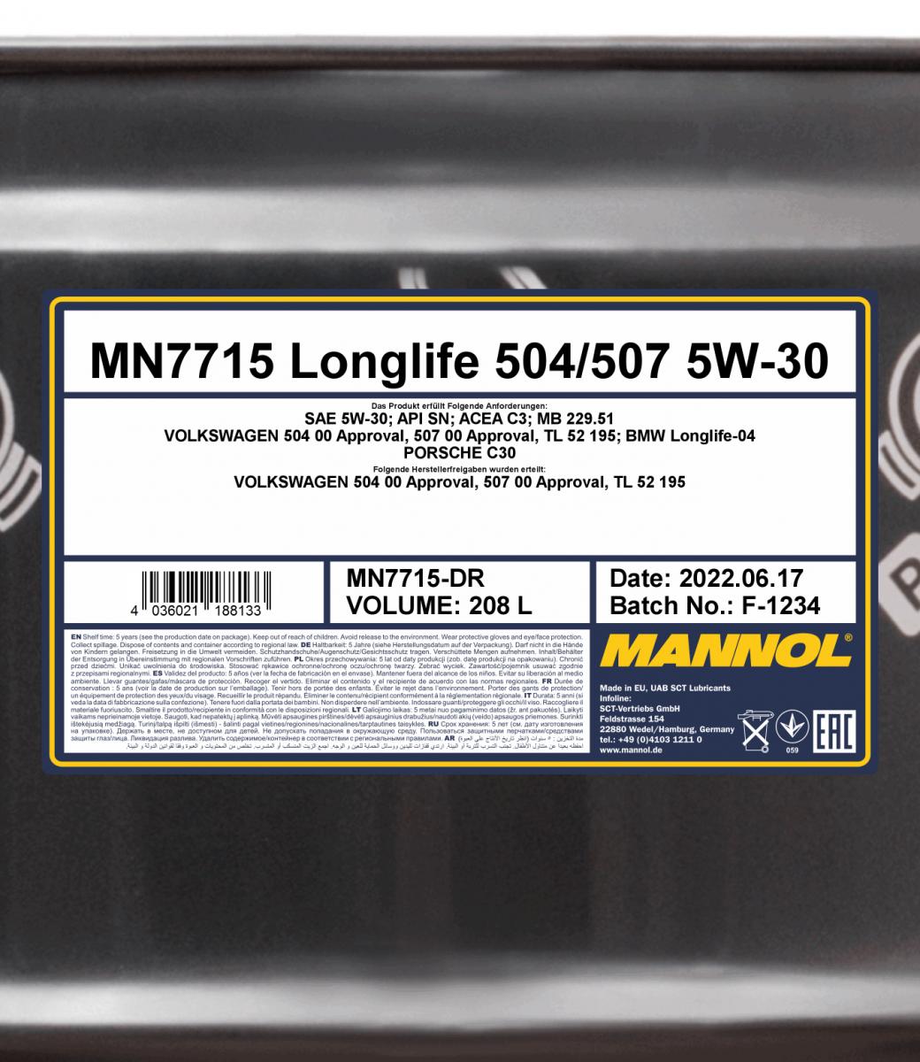 208l Mannol 7715 Motoröl Longlife 504/507 5W-30, 5W-30, Motoröl